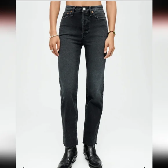Re/Done Comfort Stretch High Rise 70s Stove Pipe Washed Noir Jeans Size 32 - Picture 1 of 16